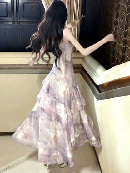 Classy Mermaid Spaghetti Strap Lilac Floral Chiffon Long For Women Girls Teens Prom Dresses N2212