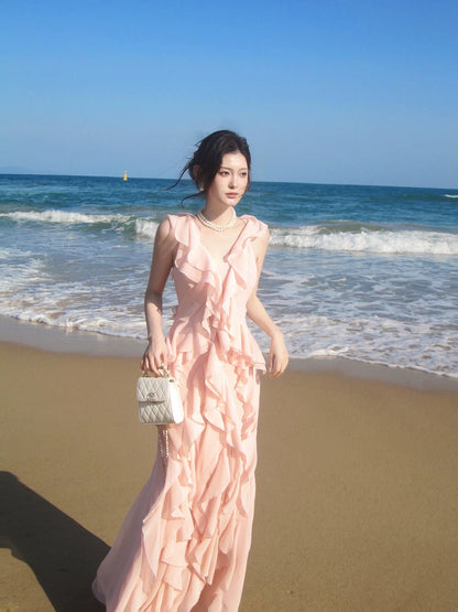 Simple Mermaid V Neck Pink Chiffon Summer Formal For Women Girls Teens Prom Dresses N2214