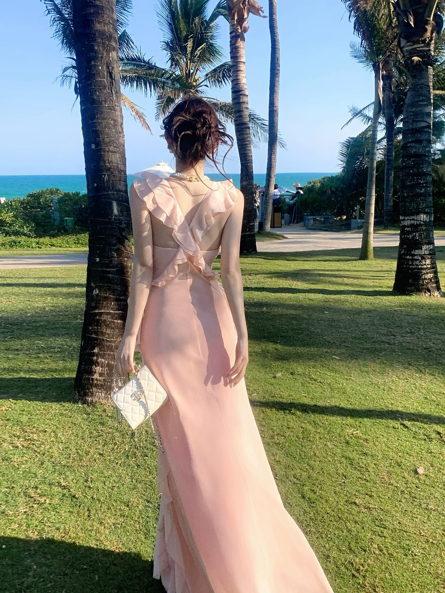 Simple Mermaid V Neck Pink Chiffon Summer Formal For Women Girls Teens Prom Dresses N2214