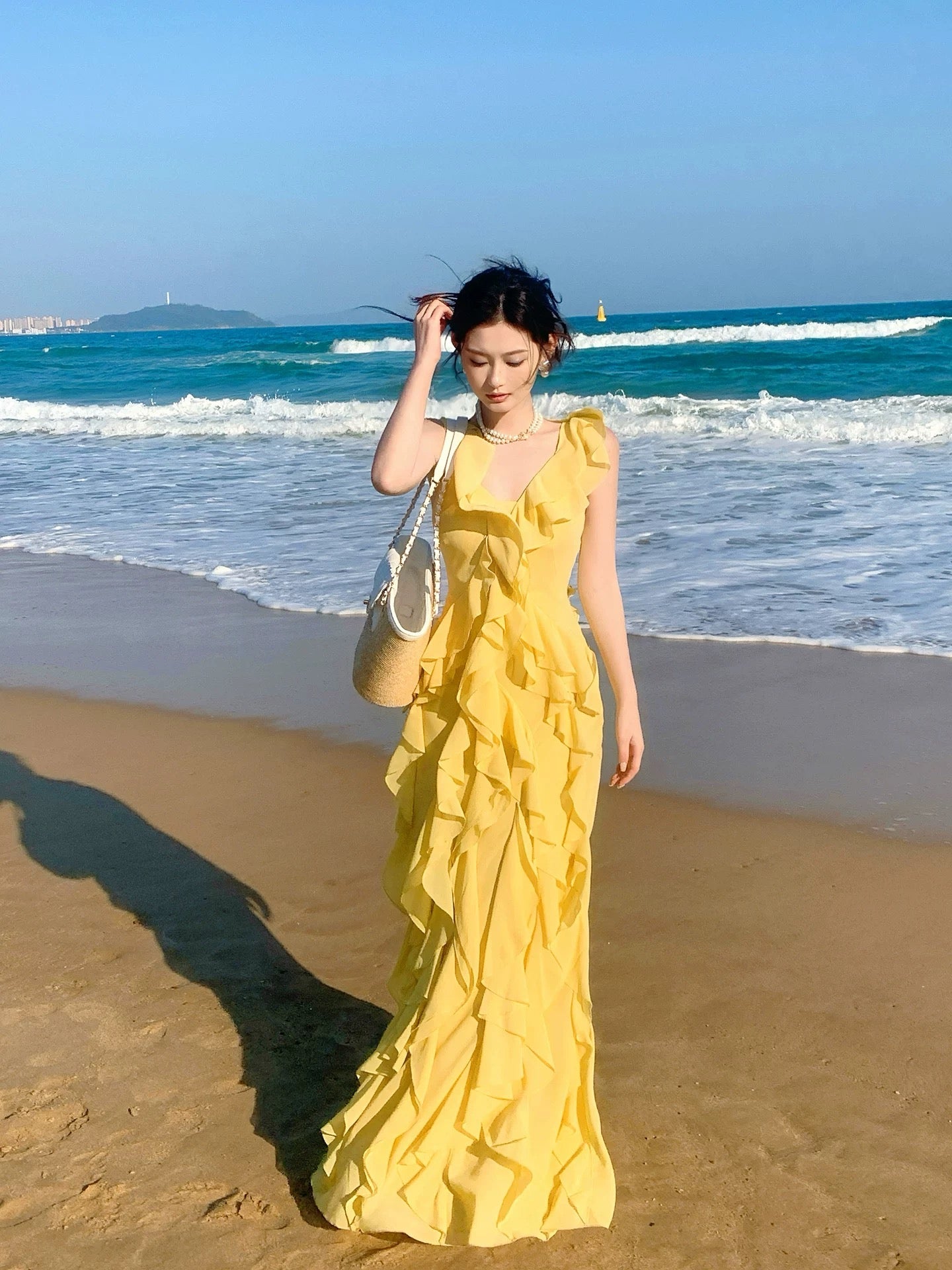 Simple Mermaid V Neck Yellow Chiffon Summer Formal For Women Girls Teens Prom Dresses N2216