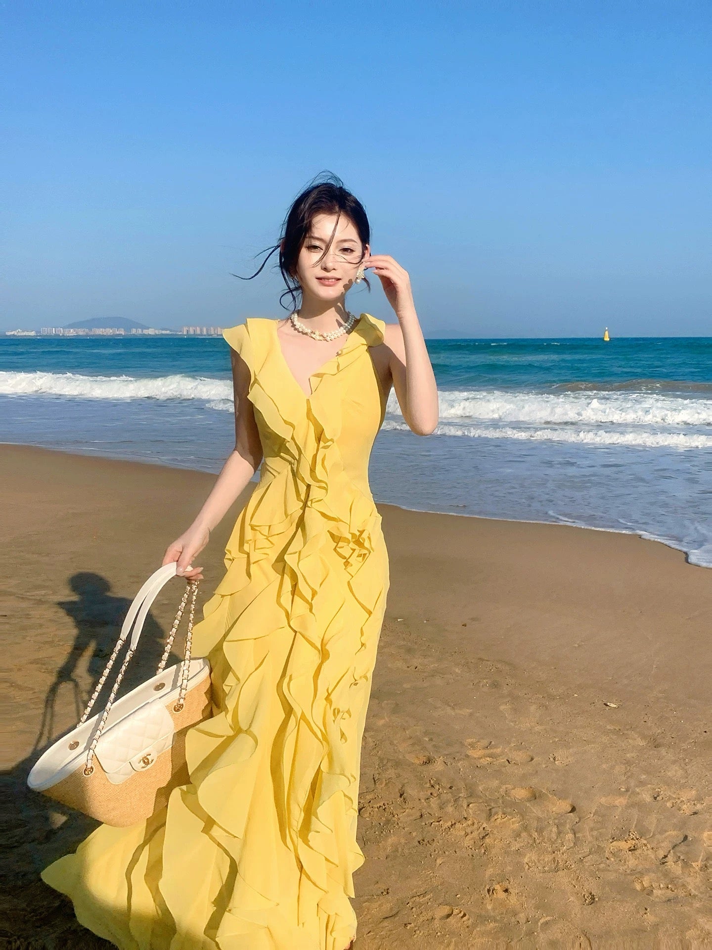 Simple Mermaid V Neck Yellow Chiffon Summer Formal For Women Girls Teens Prom Dresses N2216