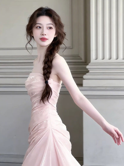 Cute Mermaid Strapless Pink With Ruffles For High Schools Teens Prom Dresses Long Graduation Dress N1669