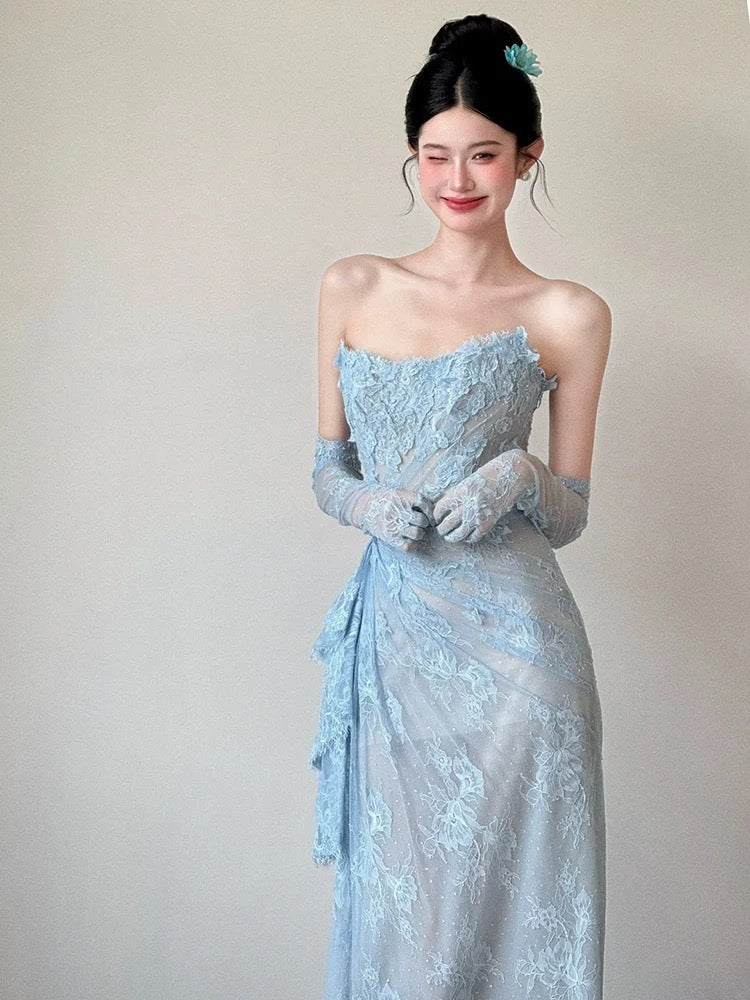Beautiful Mermaid Sweetheart Blue Lace With Gloves For High Schools Teens Prom Dresses Graduation Dress N1689