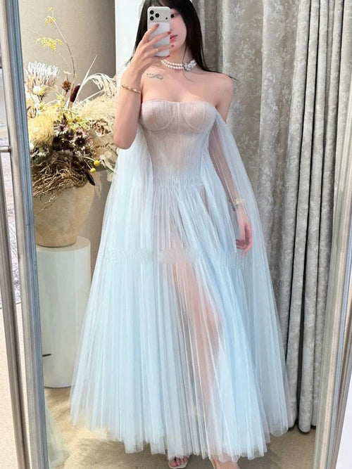 Sexy Prom Dresses A Line Off The Shoulder Light Sky Blue Tulle With Pleated Long Formal Dress N3161