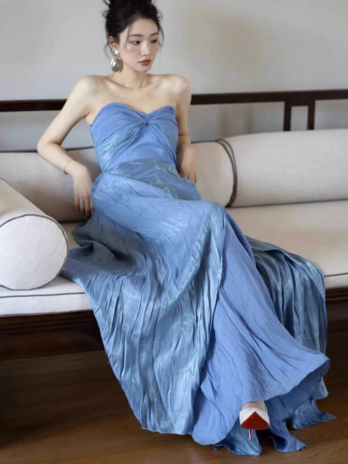 Simple Prom Dresses A Line Sweetheart Blue With Pleated Long Formal Dress N3163
