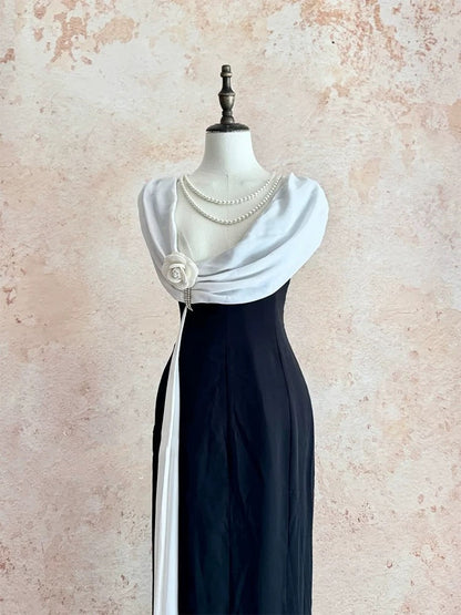 Simple Prom Dresses A Line Black White Chiffon With Flower Long Formal Dress N3174