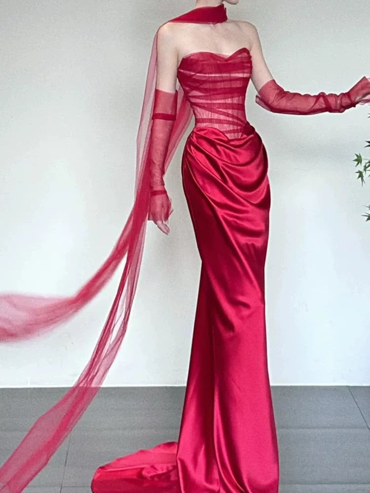 Simple Prom Dresses Mermaid Sweetheart Red Tulle With Scarf Gloves Long Formal Dress N3175