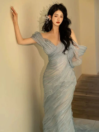 Charming Prom Dresses Mermaid Off The Shoulder Light Sky Blue Organza Long Formal Evening Dress N3917
