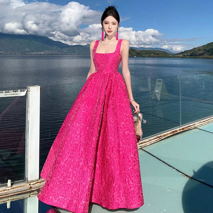 Beautiful Prom Dresses Ball Gown Square Neck Hot Pink Lace Long Formal Evening Dress N3965