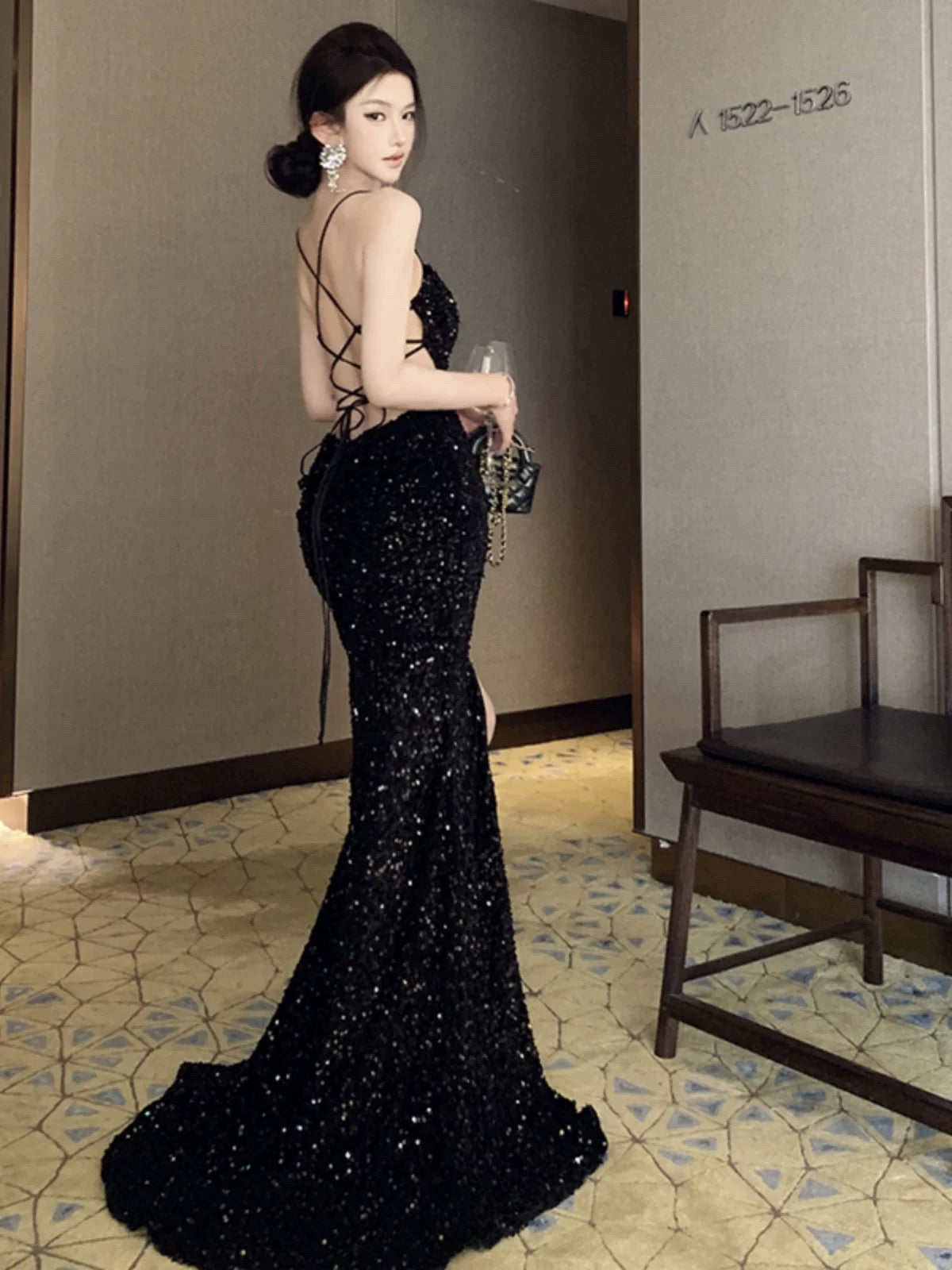 Elegant Prom Dresses Mermaid Spaghetti Strap Black Tie Sequin Backless Long Formal Evening Dress N3968