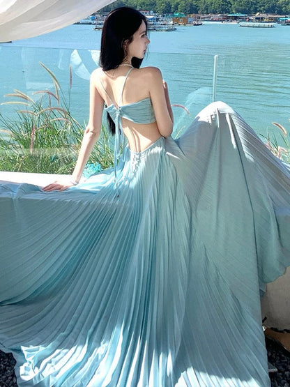 Elegant Prom Dresses A Line Halter Blue Chiffon With Pleated Backless Long Formal Evening Dress N3970