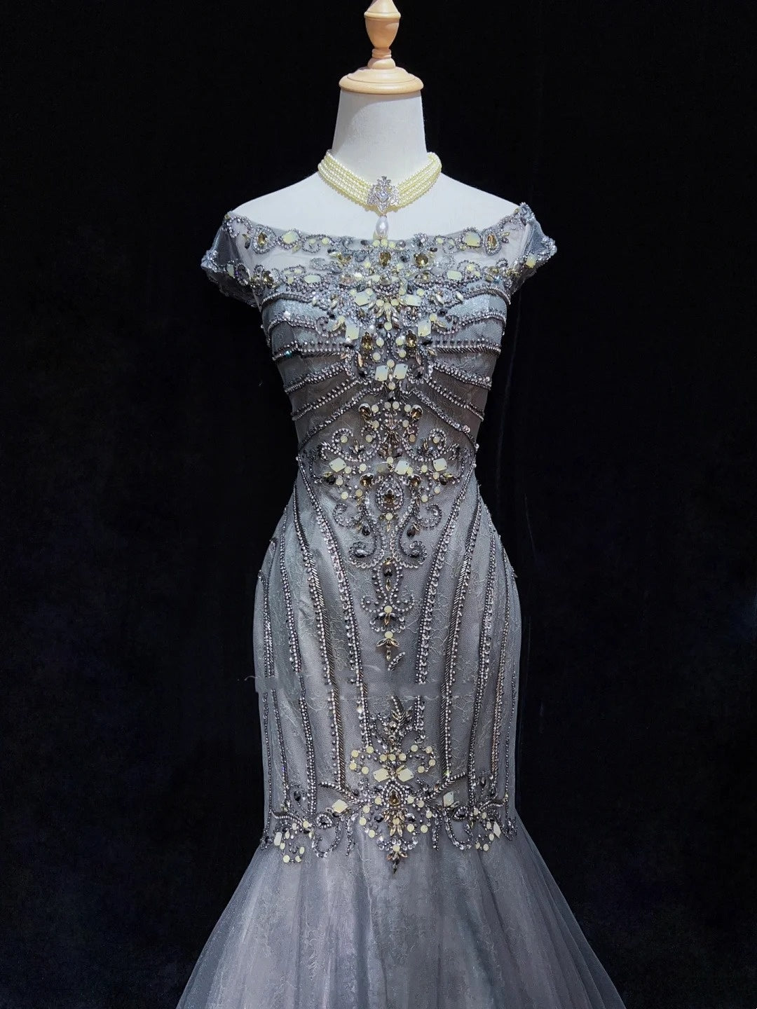 Trendy Prom Dresses Inspiration Mermaid Scoop Grey Blue Gala Tulle With Beading Formal Gowns N3195