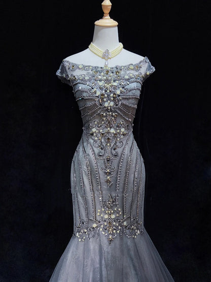 Trendy Prom Dresses Inspiration Mermaid Scoop Grey Blue Gala Tulle With Beading Formal Gowns N3195