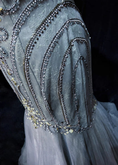 Trendy Prom Dresses Inspiration Mermaid Scoop Grey Blue Gala Tulle With Beading Formal Gowns N3195