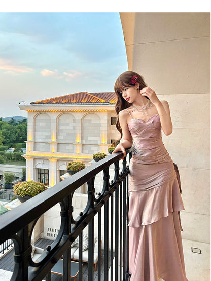 Modest Mermaid Spaghetti Straps Pink Long Prom Dresses High School Teens Senior Graduation Dance Party Dress Outfits AB2512