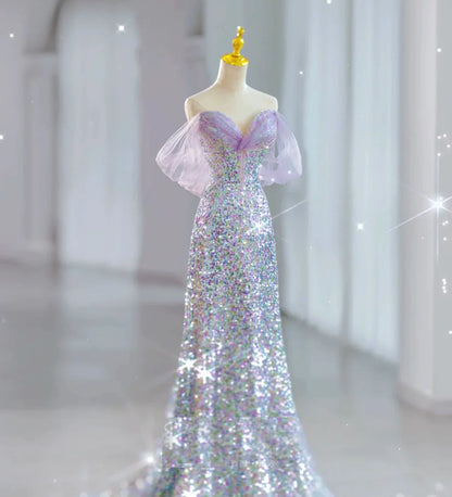 Modest Mermaid Off The Shoulder Lilac Sequins Prom Dresses Inspiration Long Party Night Evening Dress 19th Birthday Outfits AB2319