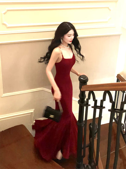 Modest Mermaid Spaghetti Straps Burgundy Long Prom Dresses Wedding Guest Dress 20th Birthday Outfits AB2493