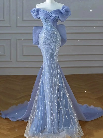 Modest Prom Dresses Aesthetic Mermaid Off The Shoulder Blue Inspiration Style Impress With Short Sleeves Long Party Formal Gown AB2333