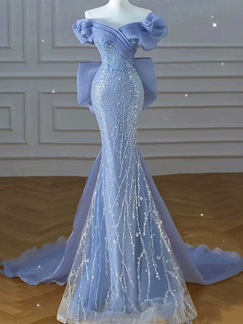 Modest Prom Dresses Aesthetic Mermaid Off The Shoulder Blue Inspiration Style Impress With Short Sleeves Long Party Formal Gown AB2333