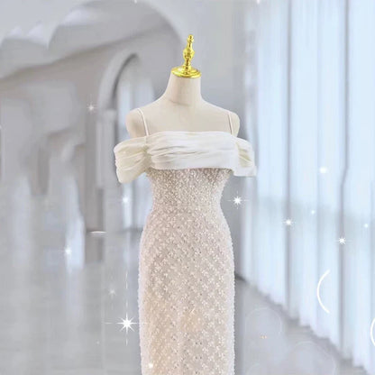 Modest Mermaid Spaghetti Straps White Sequin Prom Dresses Inspiration Long Party Night Evening Dress 20th Birthday Outfits AB2336