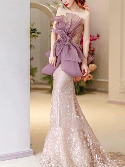 Modest Mermaid Champagne Strapless With Pleated Prom Dresses Inspiration Long Party Night Evening Dress 19th Birthday Outfits AB2269