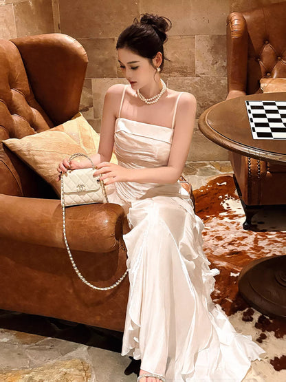 Modest Mermaid Spaghetti Straps White Ruffles Long Prom Dresses Wedding Guest Dress 20th Birthday Outfits AB2488