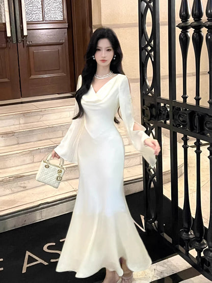 Sexy Mermaid Cowl Neck White Satin Ankle Length Prom Dresses Wedding Guest Dress 20th Birthday Outfits AB2483