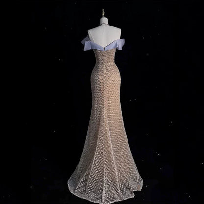 Modest Prom Dresses Aesthetic Mermaid Off The Shoulder Champagne Inspiration With Short Sleeves Long Party Formal Gown AB2334