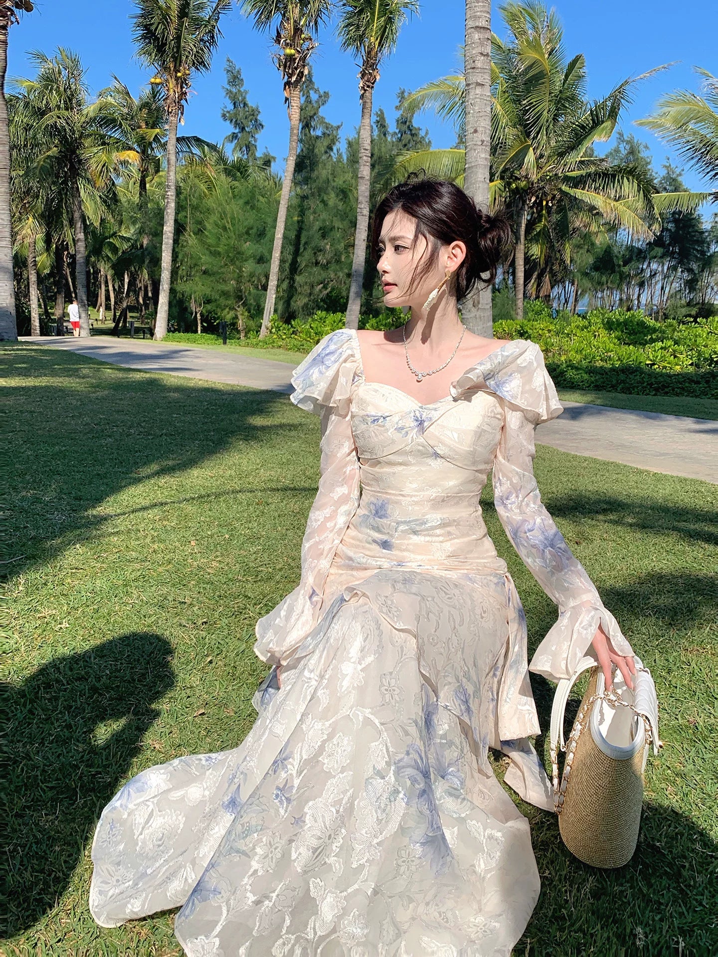 Elegant Mermaid Square Neck Floral Chiffon Blue Long Sleeves Prom Dresses 16th Nigh Party Birthday Outfits AB2466