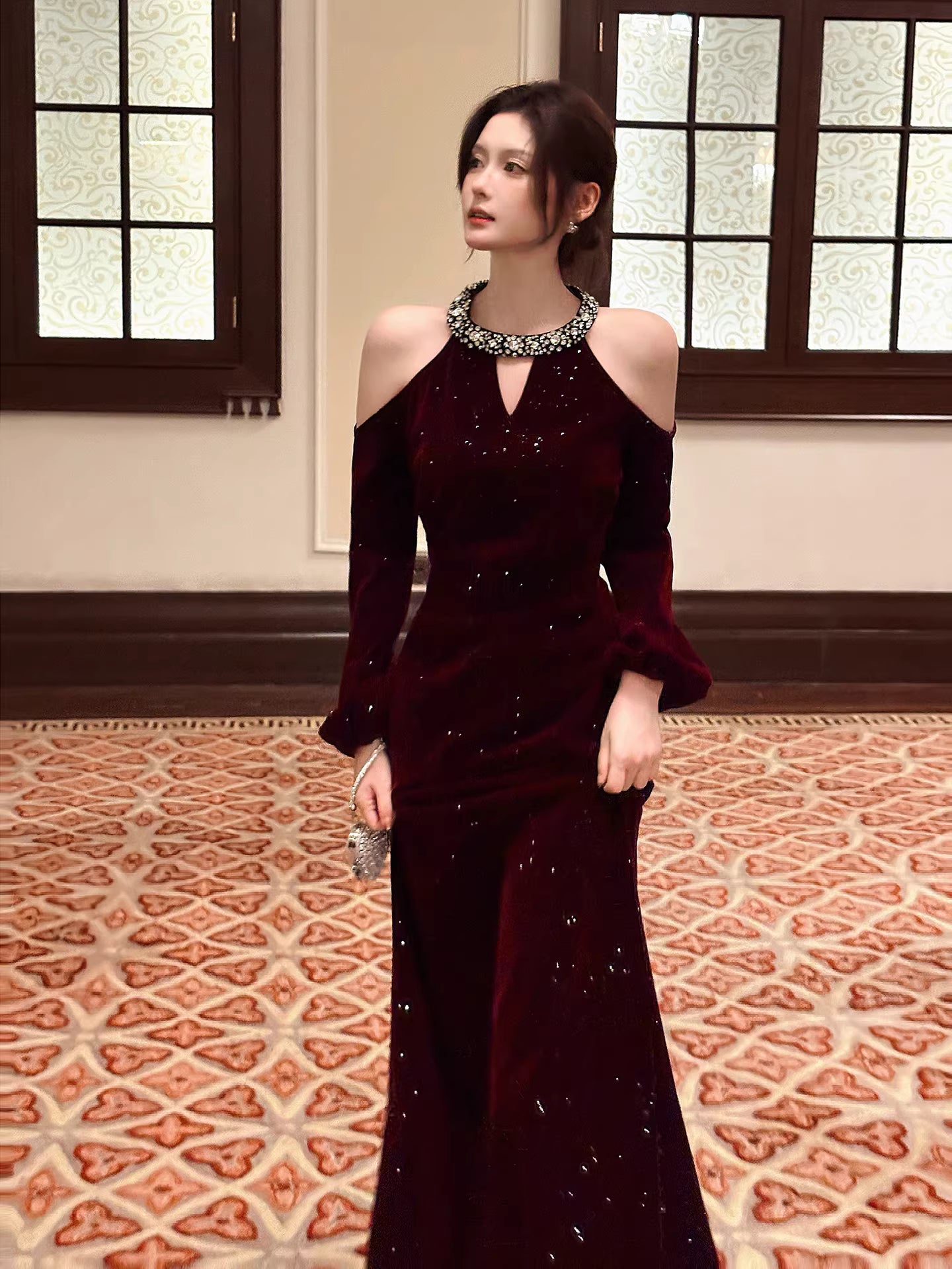 Sexy Mermaid Jewel Neck Burgundy Velvet Long Sleeves Ankle Length Prom Dresses Wedding Guest Dress 22th Birthday Outfits AB2499