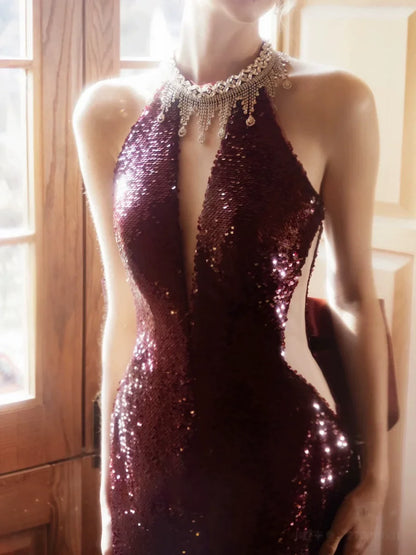 Modest Mermaid High Neck Sequins Burgundy Prom Dresses Inspiration Long Party Evening Dress 21st Birthday Outfits AB2293