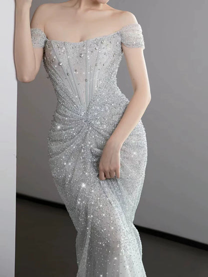 Modest Mermaid Off The Shoulder Silver Sequins With Pleated Prom Dresses Inspiration Long Party Night Evening Dress 19th Birthday Outfits AB2271
