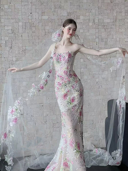 Classy Mermaid Strapless Floral Lace Long Formal Prom Dresses Dance Night Outfits Party Gowns AB2201
