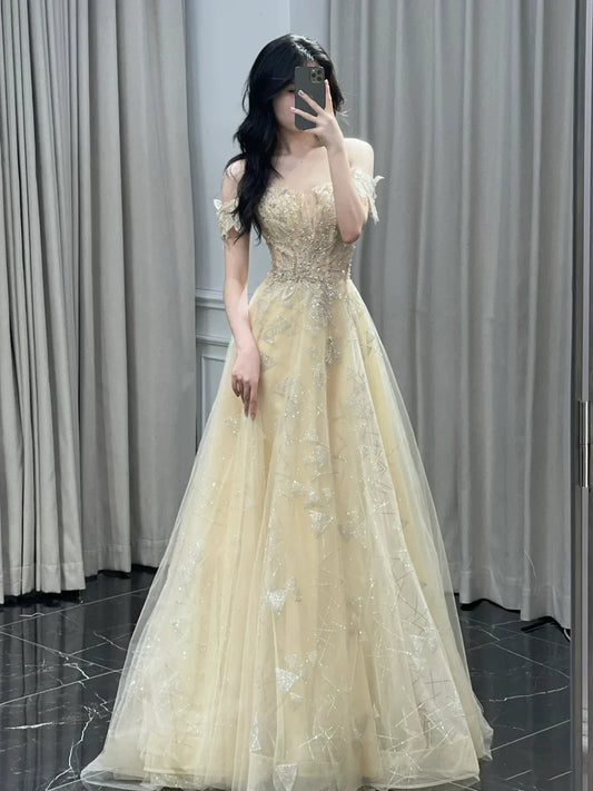 Classy A line Off The Shoulder With Cap Sleeves Sequins Long Formal Prom Dresses Dance Night Outfits Party Gowns AB2200