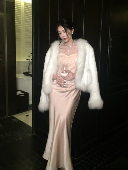 Sexy Mermaid Spaghetti Straps Pink Satin Prom Dresses Wedding Guest Dress 20th Birthday Outfits AB2464