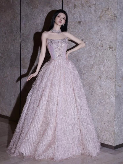 Princess Ball Gown Strapless Pink With Beads Prom Dresses Inspiration Long Party Night Gowns 18th Birthday Outfits AB2233