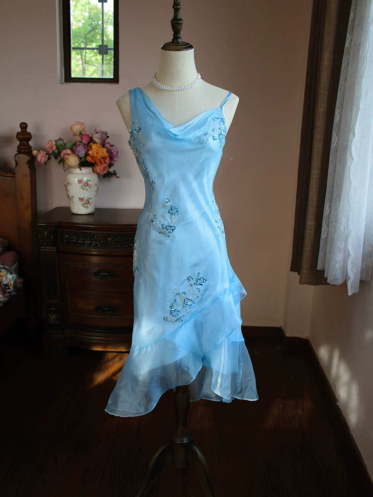 Vintage 1980s Mermaid Blue Knee Length Prom Dresses With Beads Inspiration Party Night Evening Dress 18th Birthday Outfits AB2373
