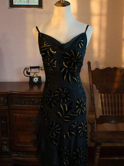 Vintage 1960s Mermaid Spaghetti Straps Black Chiffon Prom Dresses Inspiration Long Party Evening Dress 18th Birthday Outfits AB2387