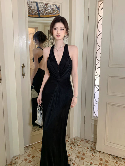 Elegant Mermaid Halter Black Sleeveless Backless Prom Dresses 16th Nigh Party Birthday Outfits AB2436