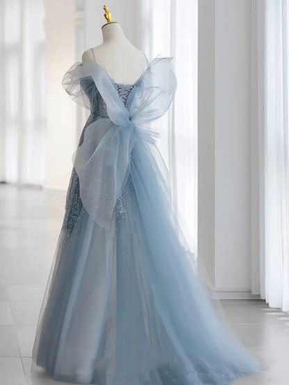 Modest Ball Gown Spaghetti Straps Dusty Blue Tulle Prom Dresses Inspiration Long Party Night Evening Dress 20th Birthday Outfits AB2332