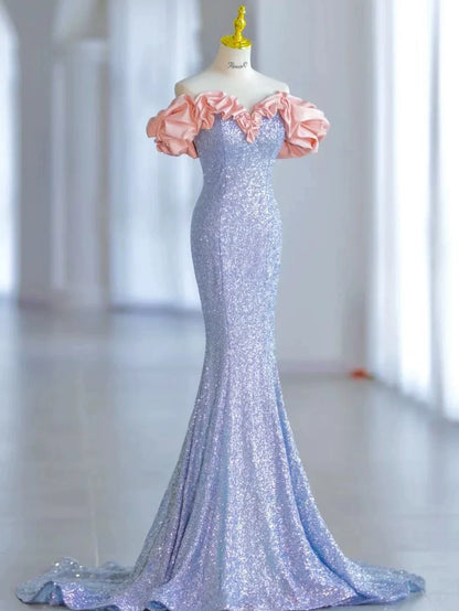 Elegant Mermaid Off The Shoulder Blue Sequins Prom Dresses Inspiration Long Party Evening Dress 19th Birthday Outfits AB2299