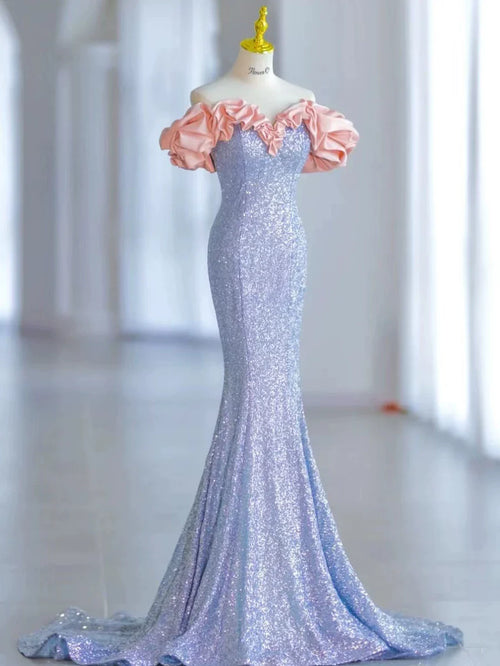 Elegant Mermaid Off The Shoulder Blue Sequins Prom Dresses Inspiration Long Party Evening Dress 19th Birthday Outfits AB2299