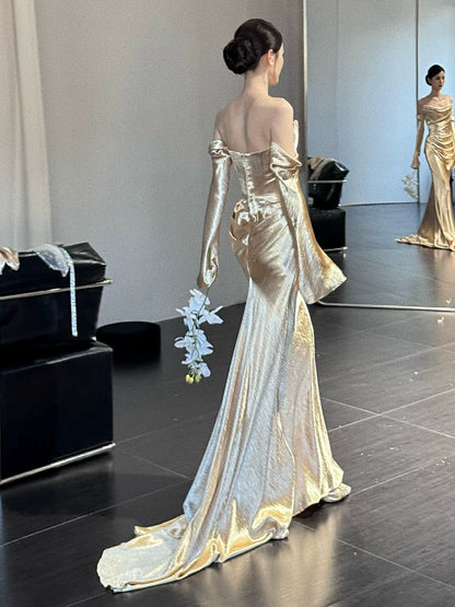 Unique Mermaid Off The Shoulder Gold Long Sleeves Prom Dresses Inspiration Party Night Gowns 20th Birthday Outfits AB2254