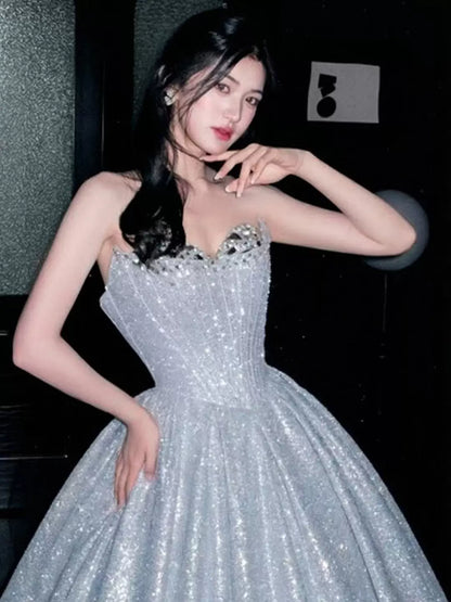 Sparkly Ball Gown 2026 Strapless Blue Sequins Prom Dresses Inspiration Long Party Night Evening Gowns 19th Birthday Outfits AB2265