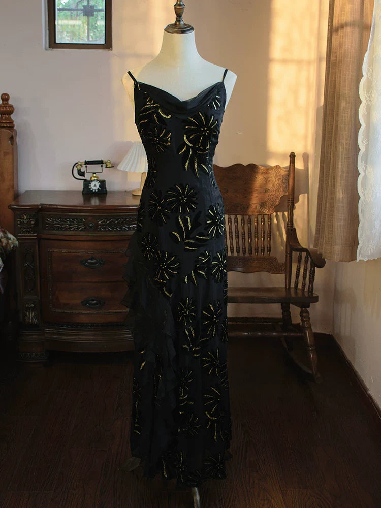 Vintage 1960s Mermaid Spaghetti Straps Black Chiffon Prom Dresses Inspiration Long Party Evening Dress 18th Birthday Outfits AB2387