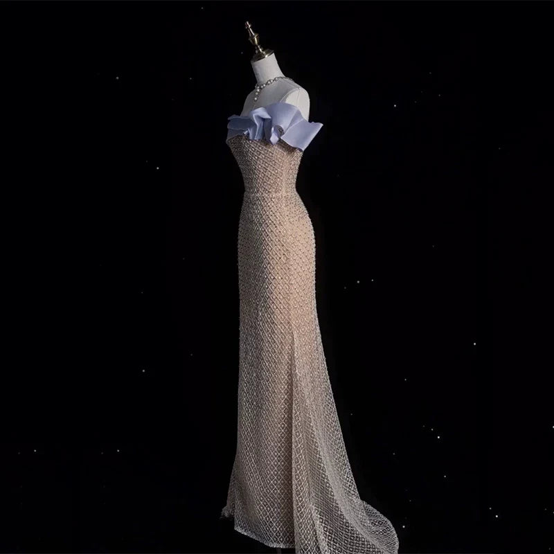 Modest Prom Dresses Aesthetic Mermaid Off The Shoulder Champagne Inspiration With Short Sleeves Long Party Formal Gown AB2334