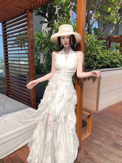 Modest A line Halter White Layered Chiffon Floor Length Prom Dresses 18th Nigh Party Birthday Outfits AB2419