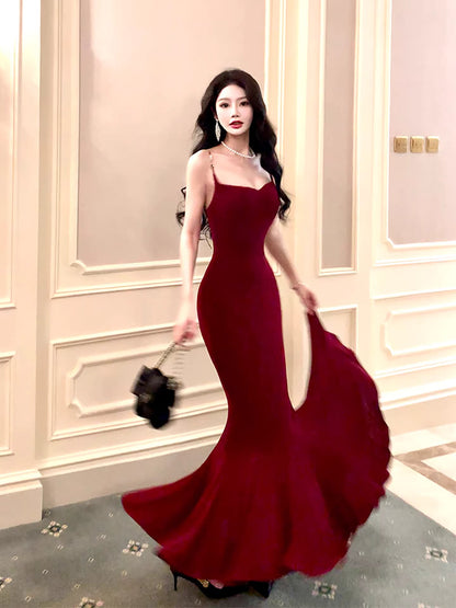 Modest Mermaid Spaghetti Straps Burgundy Long Prom Dresses Wedding Guest Dress 20th Birthday Outfits AB2493
