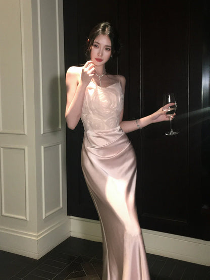 Sexy Mermaid Spaghetti Straps Pink Satin Prom Dresses Wedding Guest Dress 20th Birthday Outfits AB2464