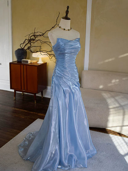 Vintage Mermaid Strapless Blue Long Prom Dresses With Pleated Inspiration Party Night Evening Dress 18th Birthday Outfits AB2369